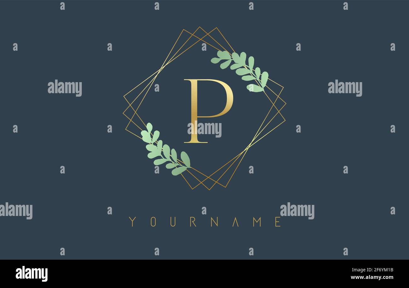 Logo lettre d'or P avec cadres carrés dorés et motif feuilles vertes. Illustration vectorielle créative avec la lettre P pour la beauté, la mode, les bijoux, le luxe, Illustration de Vecteur