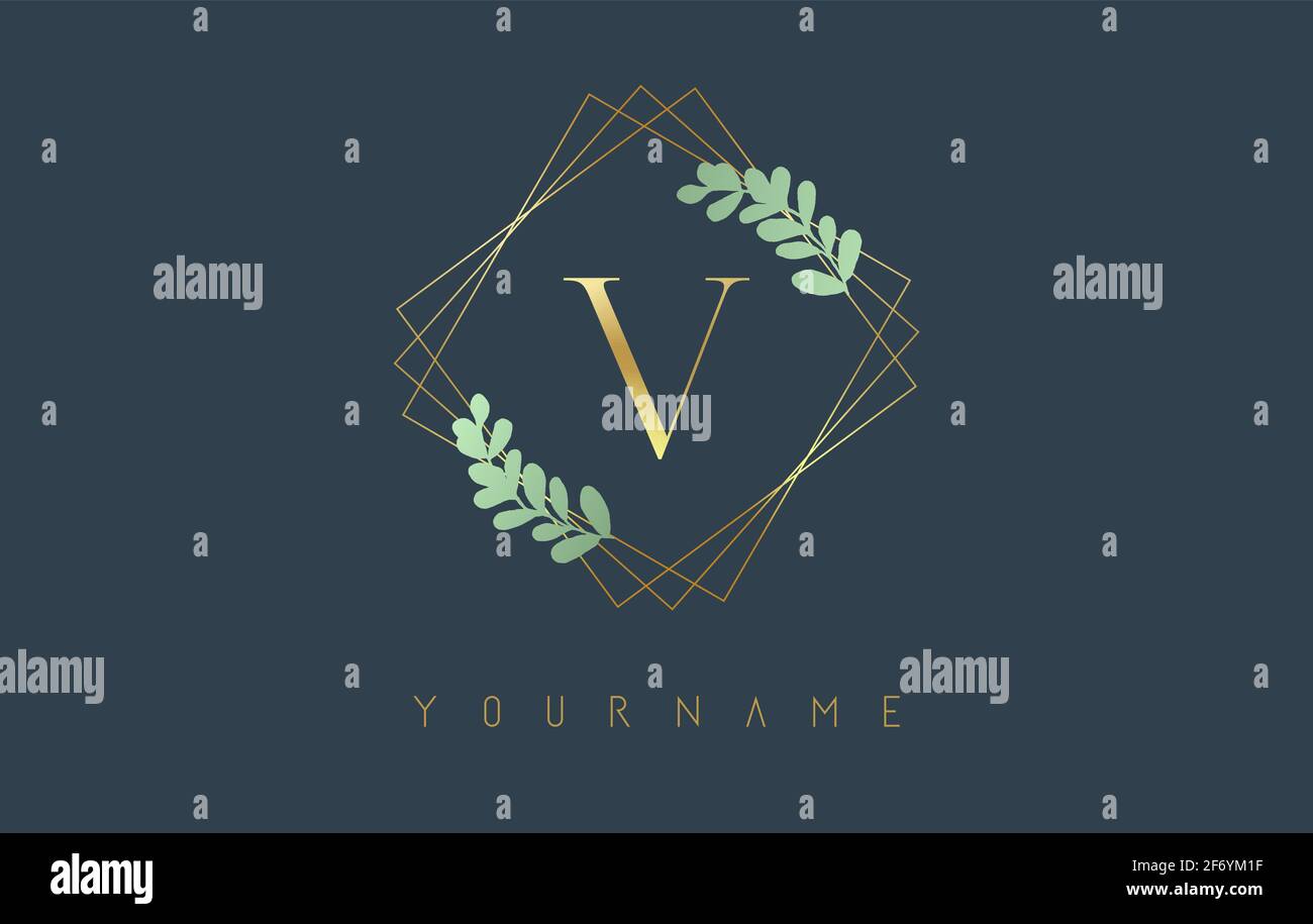Logo Golden Letter V avec cadres carrés dorés et motif feuilles vertes. Illustration vectorielle créative avec lettre V pour la beauté, la mode, les bijoux, le luxe, Illustration de Vecteur