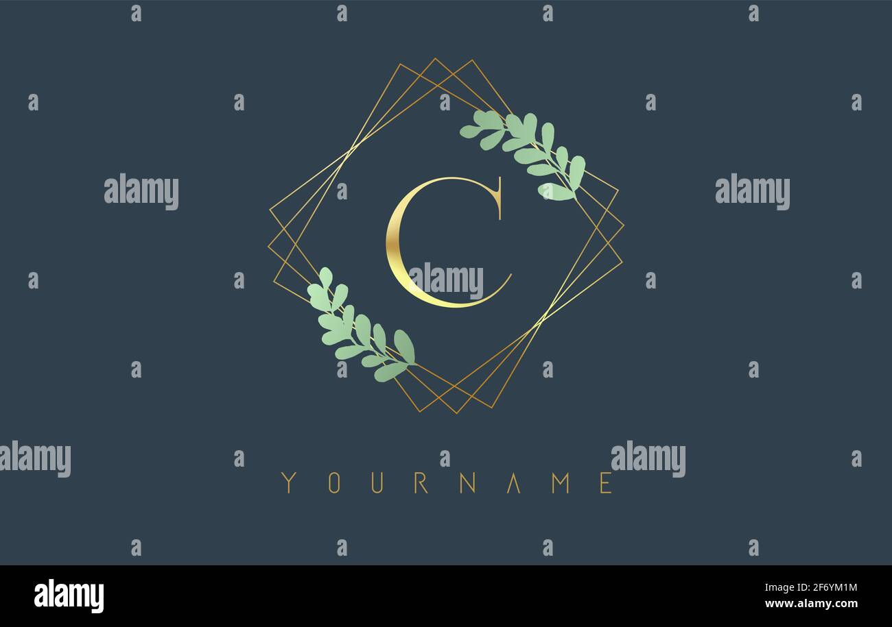 Logo lettre C dorée avec cadres carrés dorés et motif feuilles vertes. Illustration vectorielle créative avec la lettre C pour la beauté, la mode, les bijoux, le luxe Illustration de Vecteur