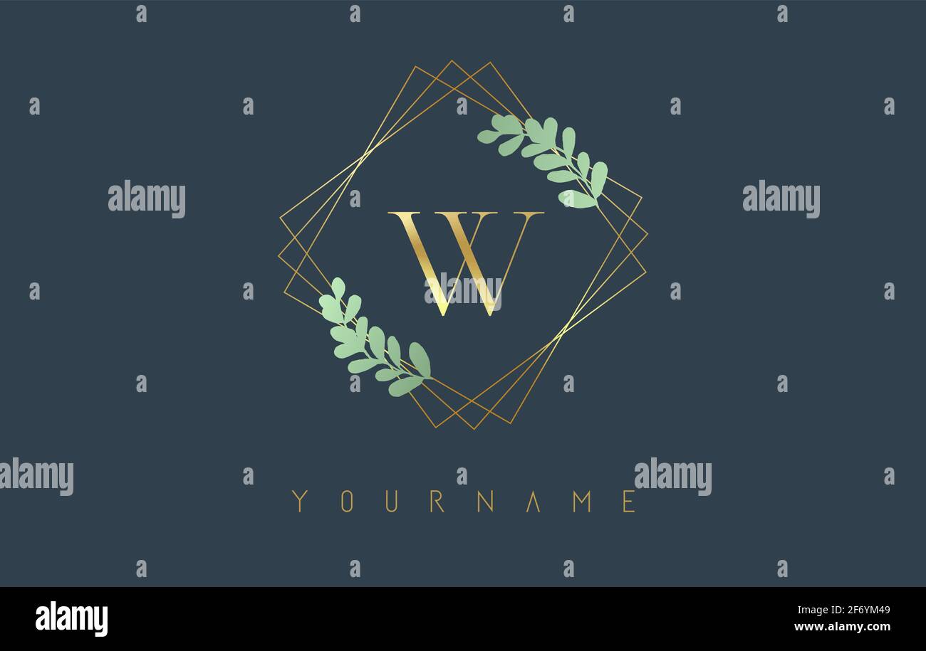 Logo lettre W dorée avec cadres carrés dorés et motif feuilles vertes. Illustration vectorielle créative avec lettre W pour la beauté, la mode, les bijoux, le luxe, Illustration de Vecteur