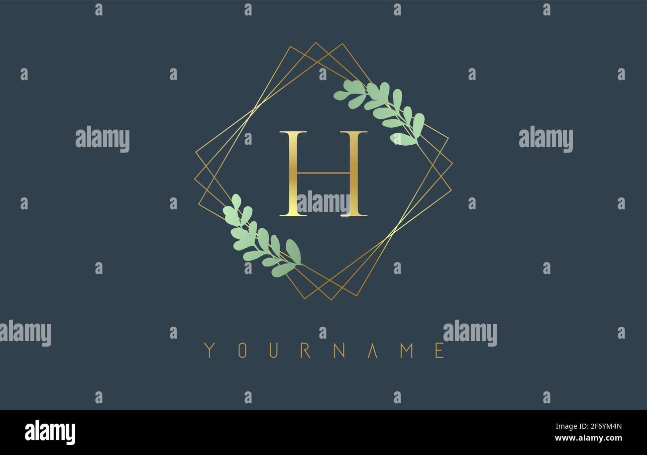 Logo lettre H dorée avec cadres carrés dorés et motif feuilles vertes. Illustration vectorielle créative avec lettre H pour la beauté, la mode, les bijoux, le luxe Illustration de Vecteur