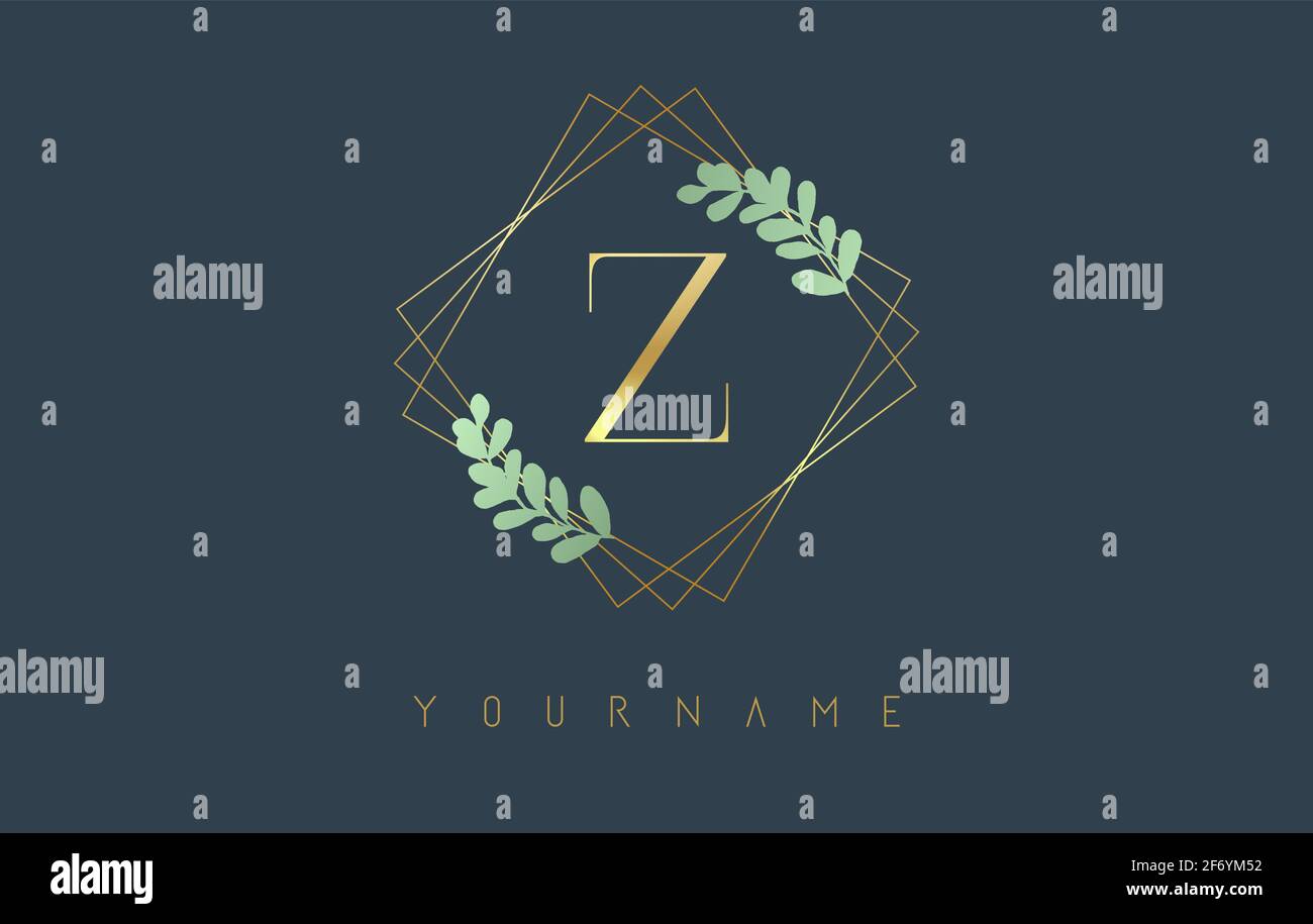 Logo lettre d'or Z avec cadres carrés dorés et motif feuilles vertes. Illustration vectorielle créative avec lettre Z pour la beauté, la mode, les bijoux, le luxe, Illustration de Vecteur