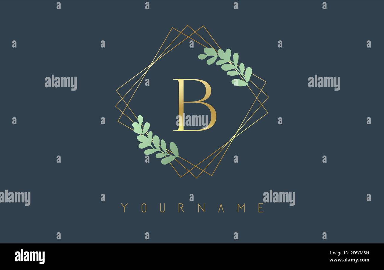 Logo lettre B dorée avec cadres carrés dorés et motif feuilles vertes. Illustration vectorielle créative avec la lettre B pour la beauté, la mode, les bijoux, le luxe Illustration de Vecteur