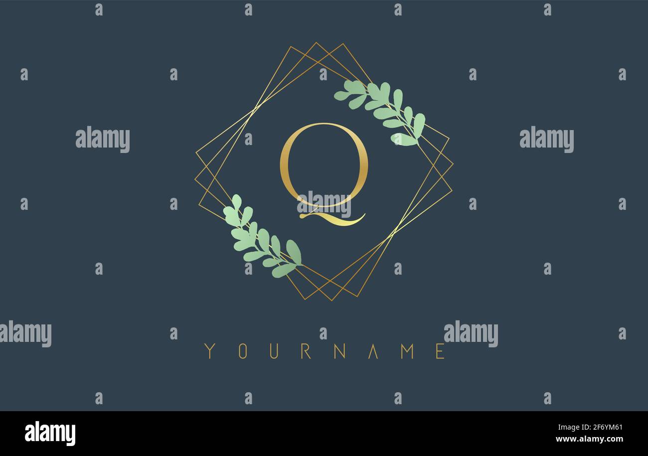 Logo Golden Letter Q avec cadres carrés dorés et motif feuilles vertes. Illustration vectorielle créative avec lettre Q pour la beauté, la mode, les bijoux, le luxe, Illustration de Vecteur