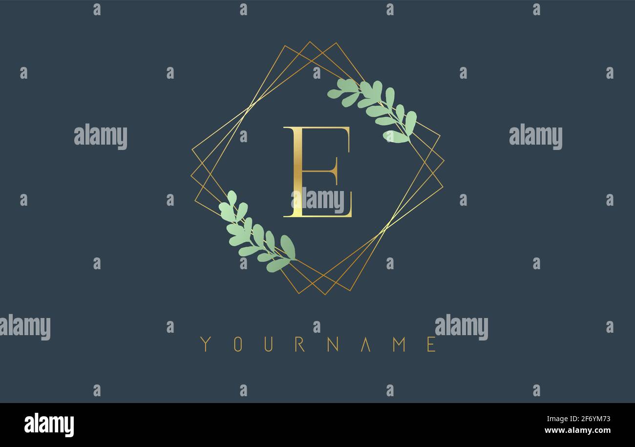 Logo lettre E dorée avec cadres carrés dorés et motif feuilles vertes. Illustration vectorielle créative avec lettre E pour la beauté, la mode, les bijoux, le luxe Illustration de Vecteur