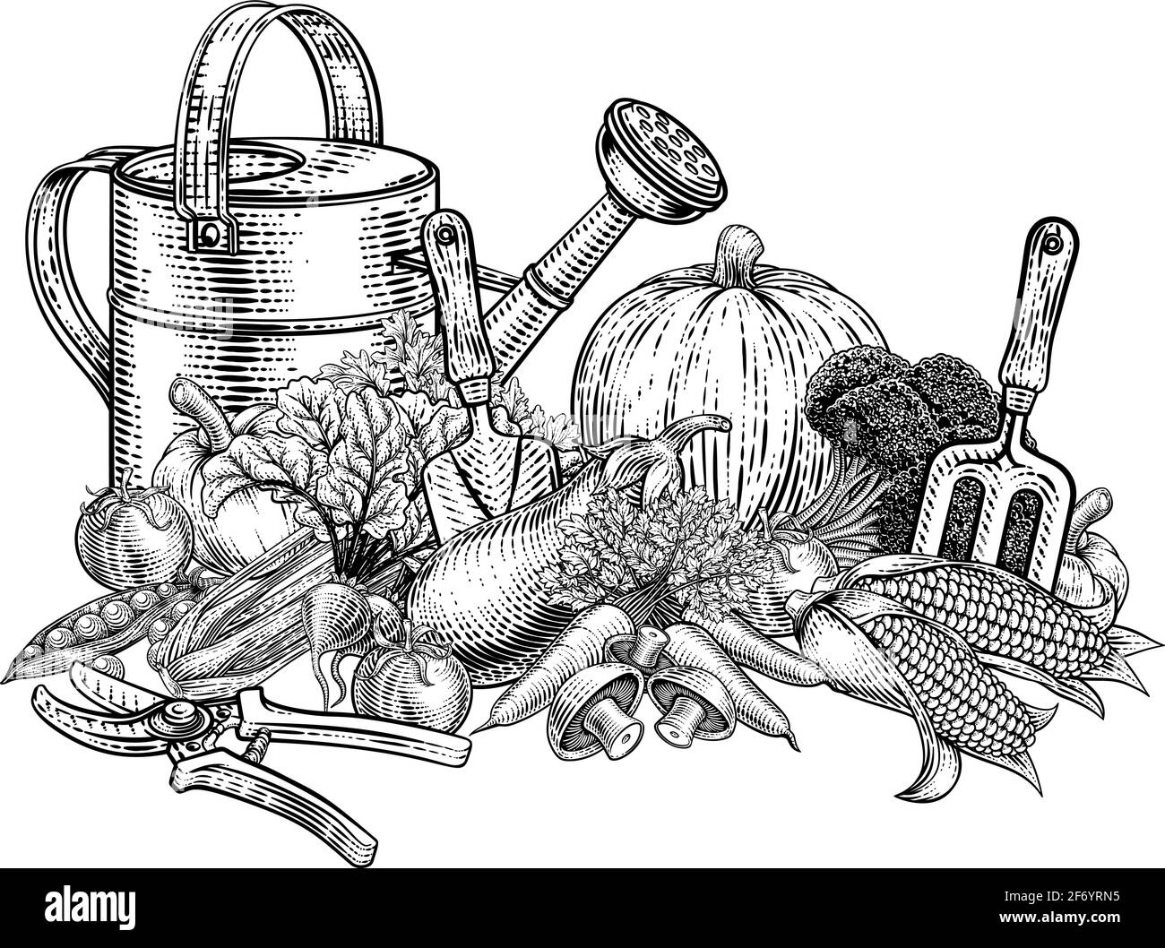 Outils de jardinage légumes produisent du bois d'époque Illustration de Vecteur