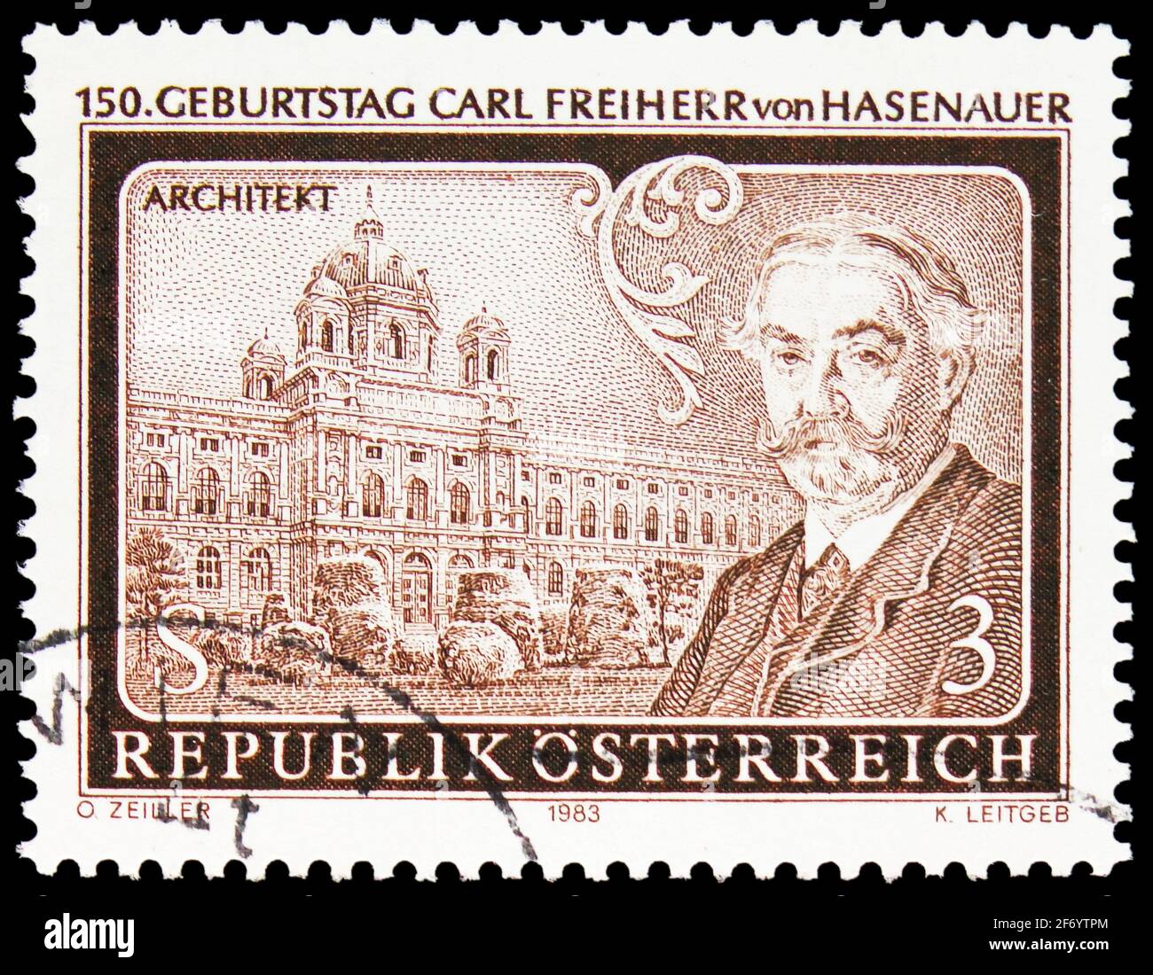 MOSCOU, RUSSIE - 18 JANVIER 2021 : timbre-poste imprimé en Autriche consacré au 150e anniversaire de naissance de Carl von Hasenauer, vers 1983 Banque D'Images