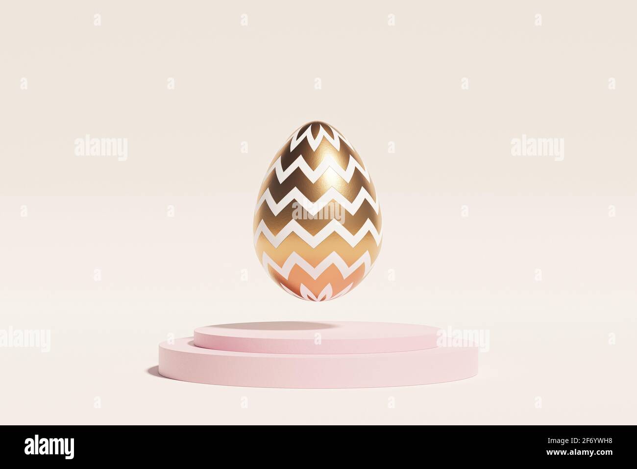 Oeuf de Pâques décoré de lévités d'or sur podium rose, fond beige, carte de vacances du printemps avril, rendu d'illustration 3d Banque D'Images