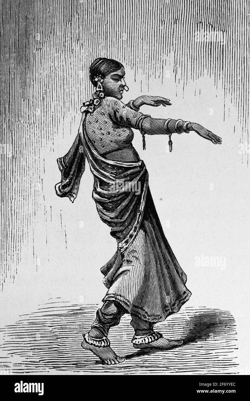 Une Bayadère, danseuse en Inde vêtue de costume ample de l'est, Inde, Asie, illustration historique, vie des femmes en Inde, Vienne. Leipzig 1881 Banque D'Images