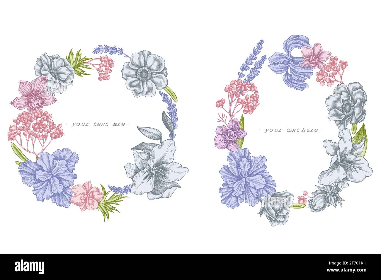 Couronne florale d'anémone pastel, lavande, romarin éternel, phalaenopsis, lys, iris Illustration de Vecteur