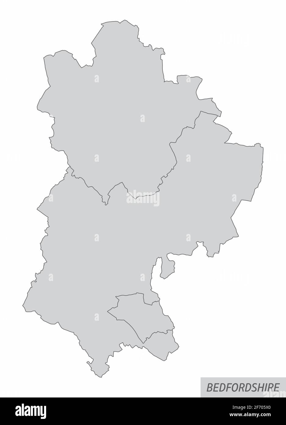 La carte isolée du comté de Bedfordshire est divisée en districts, en Angleterre Illustration de Vecteur