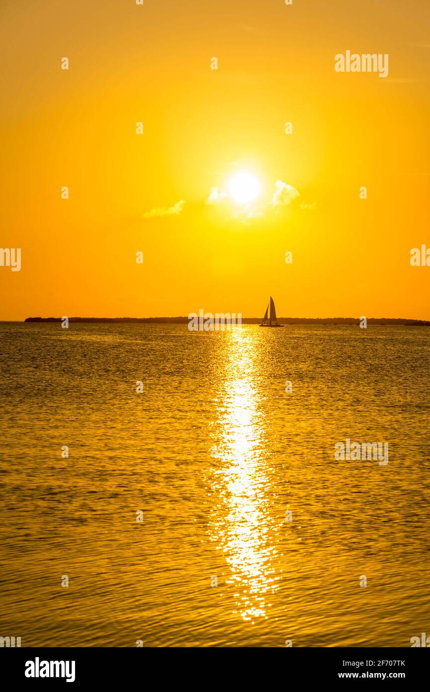 Voilier naviguant jusqu'au coucher du soleil, Key Largo, Floride États-Unis Banque D'Images