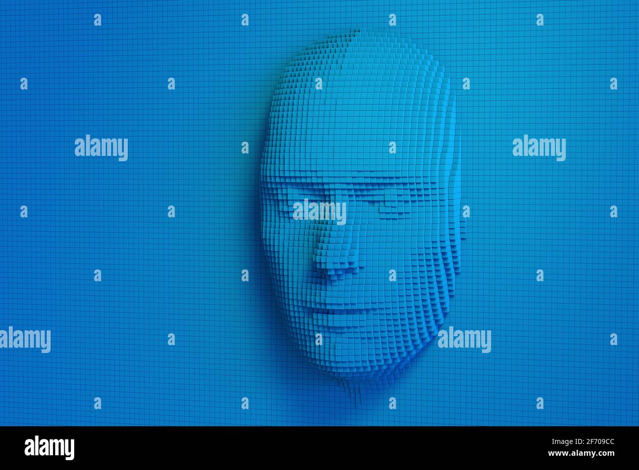 Visage humain composé de cubes bleus. Concept d'intelligence artificielle. illustration 3d. Banque D'Images