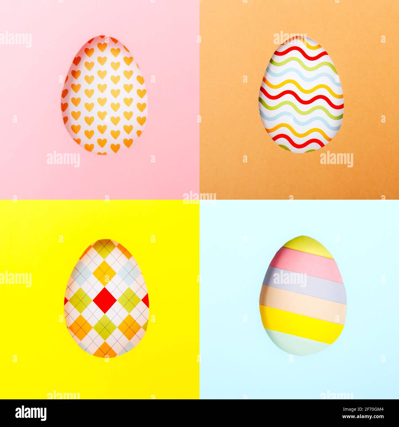 Collage artistique créatif. Motif d'œufs de Pâques sur fond coloré. Banque D'Images