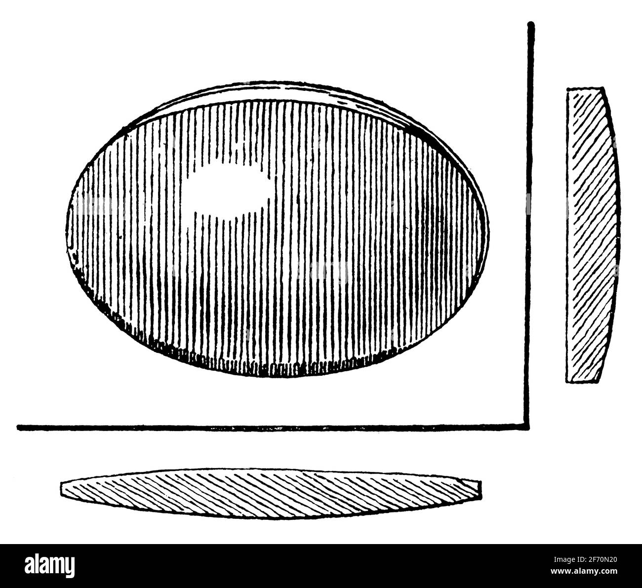Lentille convexe cylindrique en verre. Illustration du 19e siècle. Allemagne. Arrière-plan blanc. Banque D'Images