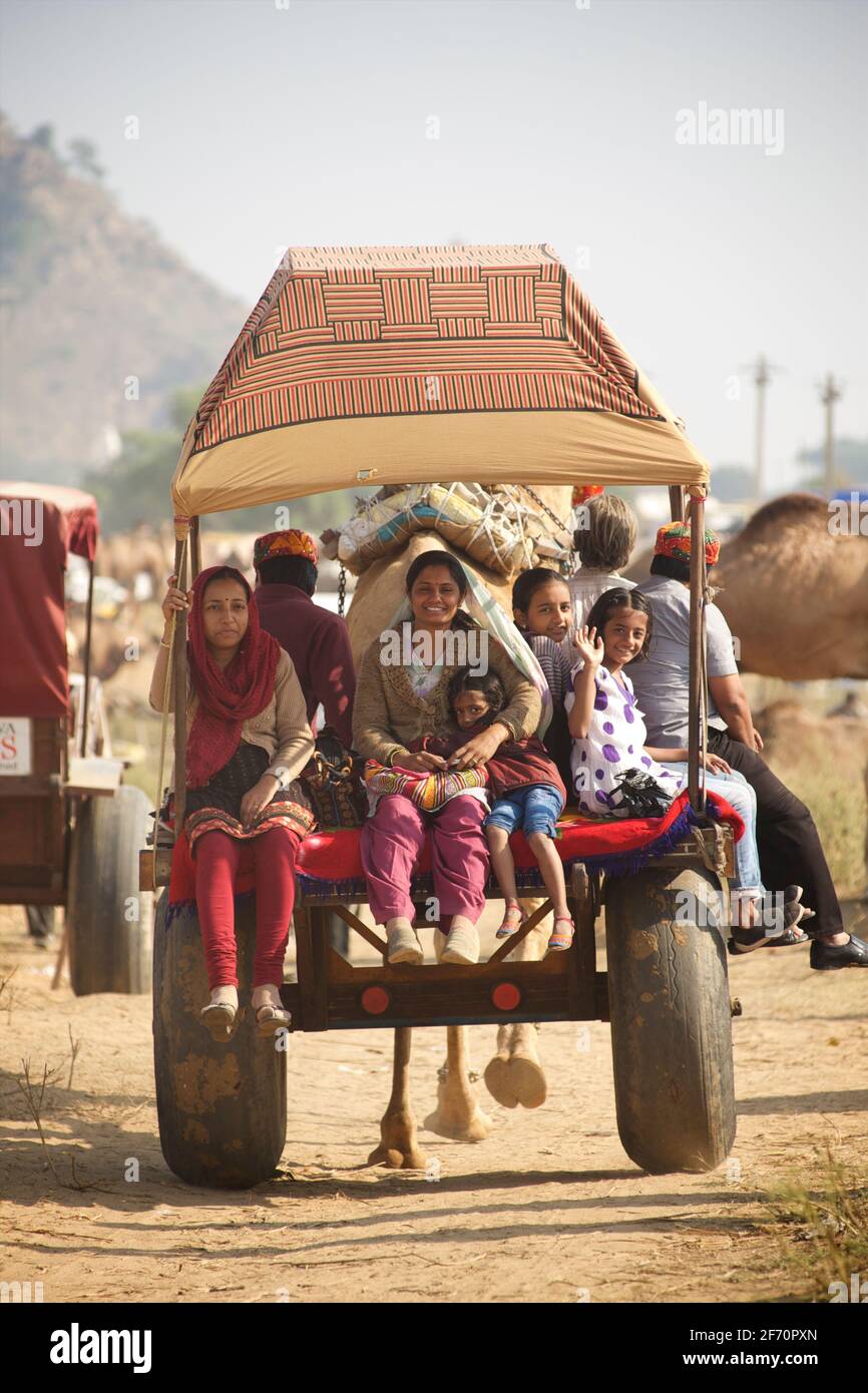 Les touristes indiens à cheval sur une voiturette à dos de chameau à la foire de chameau de Pushkar, Rajasthan, Inde Banque D'Images