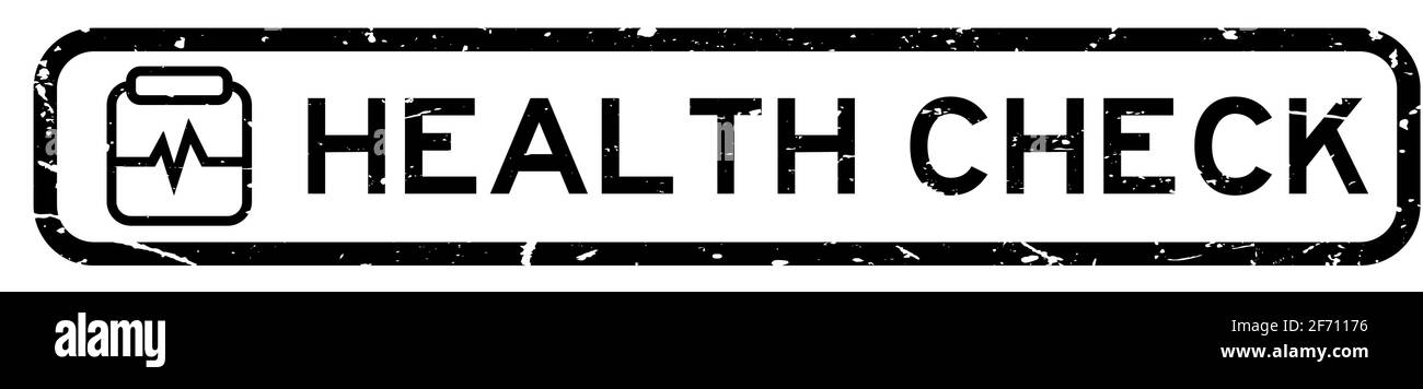 Grunge noir mot de contrôle de santé avec tableau et signe d'impulsion cachet carré en caoutchouc icon sur fond blanc Illustration de Vecteur