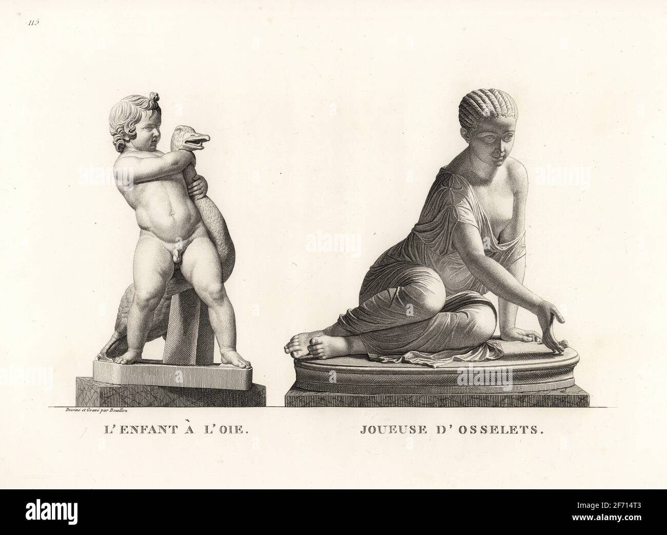 Garçon étranglant une oie et une fille jouant avec des articulations ou des dés. Musée du Louvre, Paris. Copies romaines d'après des sculptures du sculpteur grec Boethus de Chalcédon, actif du deuxième siècle av. J.-C. L'enfant a l'oie, Joueuse d'Osselets. Coperplate dessinée et gravée par Pierre Buillon du Musée des antiquités Jacques Bins de Saint-Victor, H. Nicolle, Paris, 1810-1821. Pierre Bouillon (1776 – 1831) est un peintre et graveur français. Banque D'Images