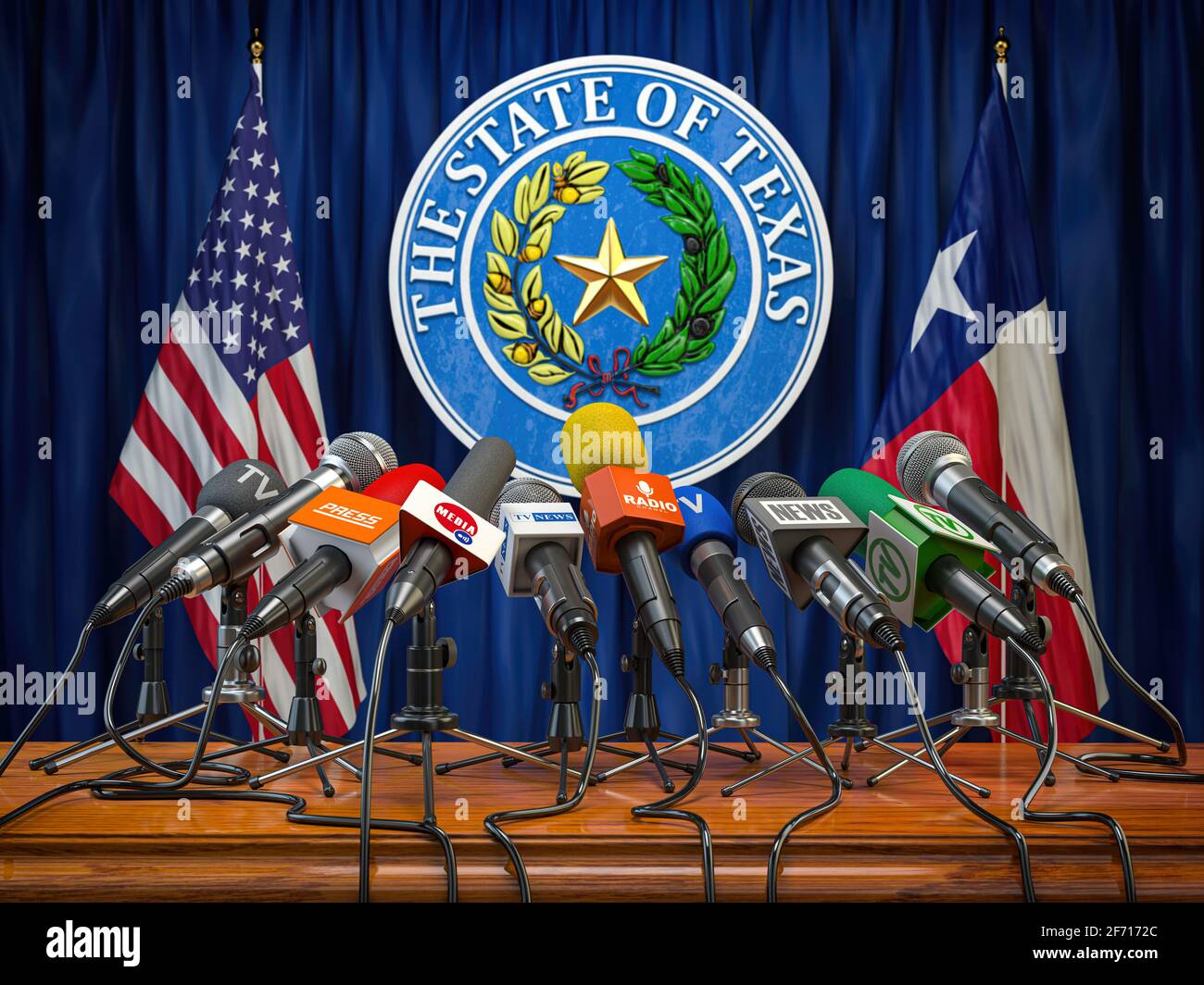 Conférence de presse du gouverneur de l'état du Texas concept. Microphones chaînes TV et radio avec symbole et drapeau de l'État du Texas. illustration 3d Banque D'Images