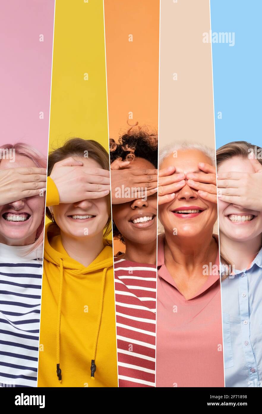 Collage de femmes heureuses couvrant les yeux en attente de surprise Banque D'Images