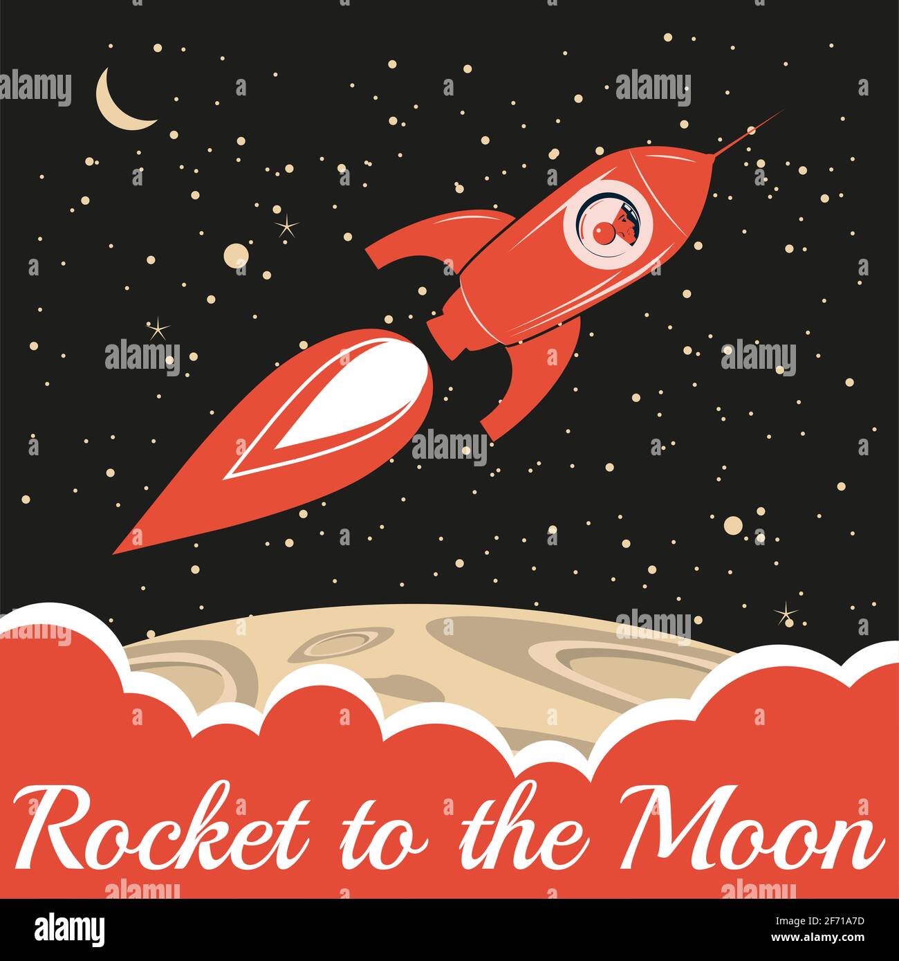 Fusée sur la Lune. Vintage rétro, astronaute dans les vaisseaux spatiaux. Illustration vectorielle Illustration de Vecteur