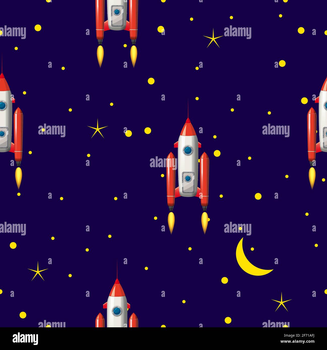 Motif Rocket, étoiles et espace sans coutures. L'illustration vectorielle présente un style de dessin animé Illustration de Vecteur