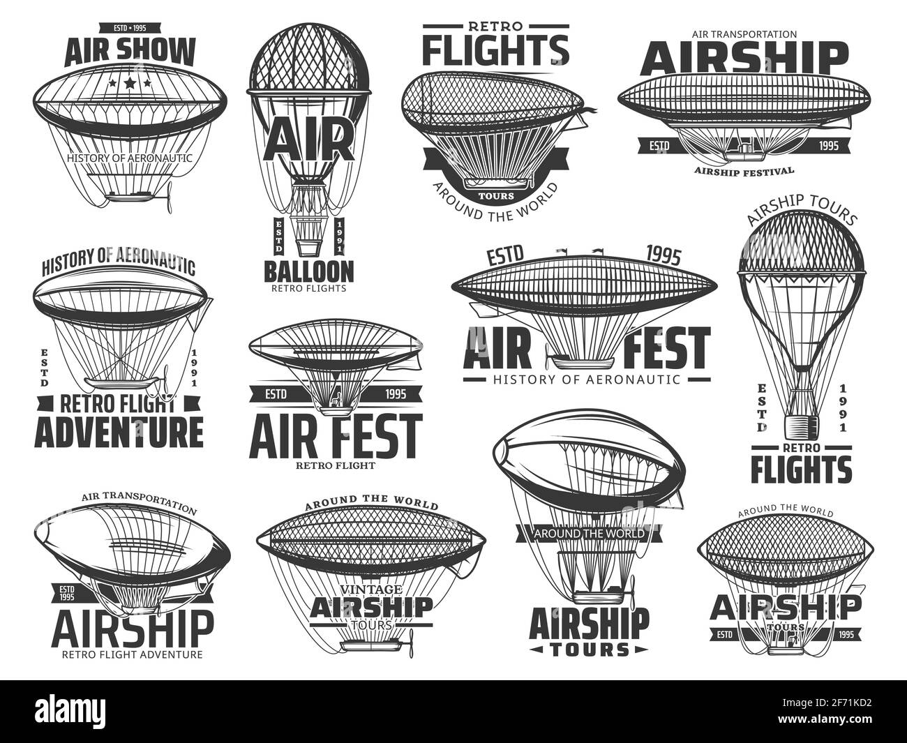 Spectacle aérien, tours en avion et icônes rétro de l'aéronautique Illustration de Vecteur