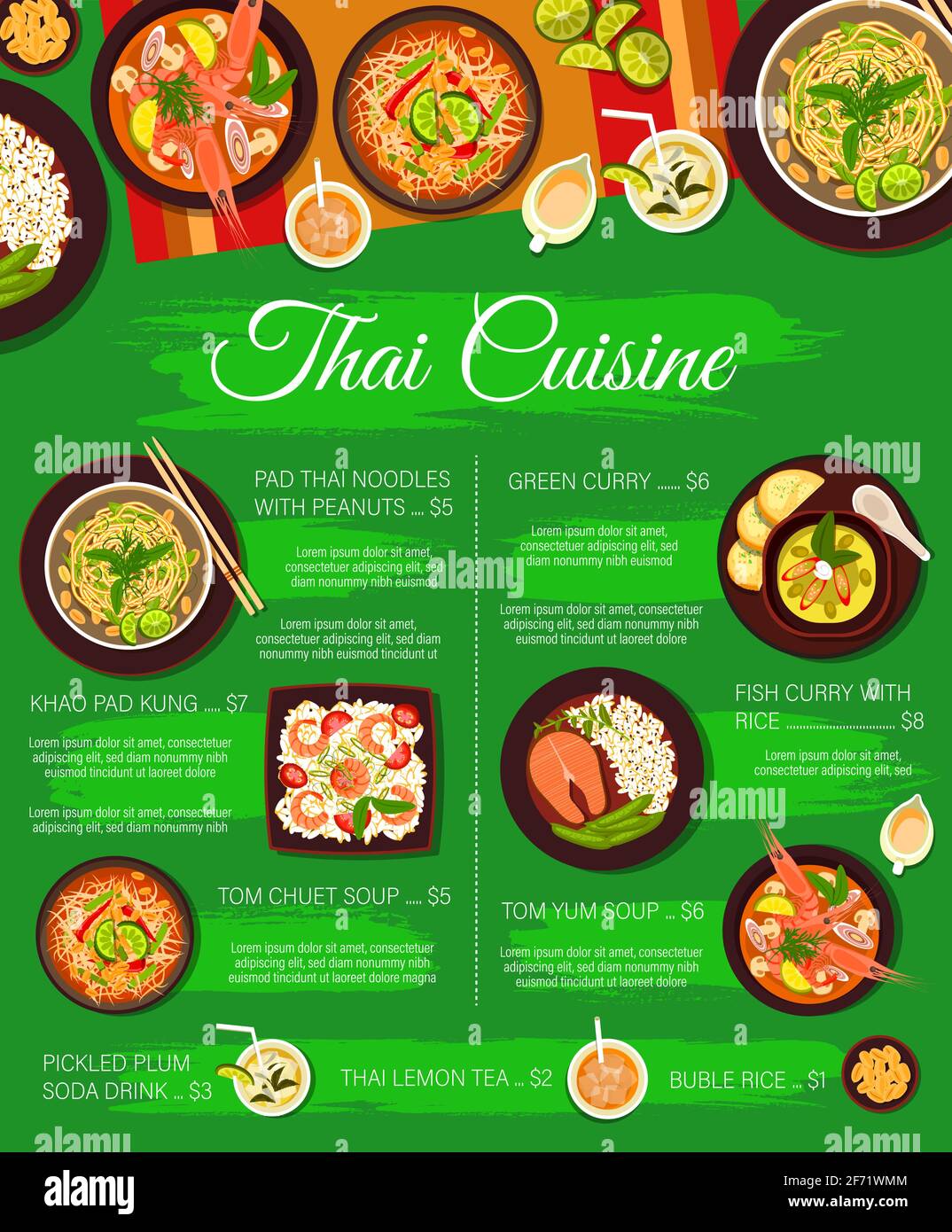 Menu de cuisine thaïlandaise, repas au restaurant, plats Illustration de Vecteur