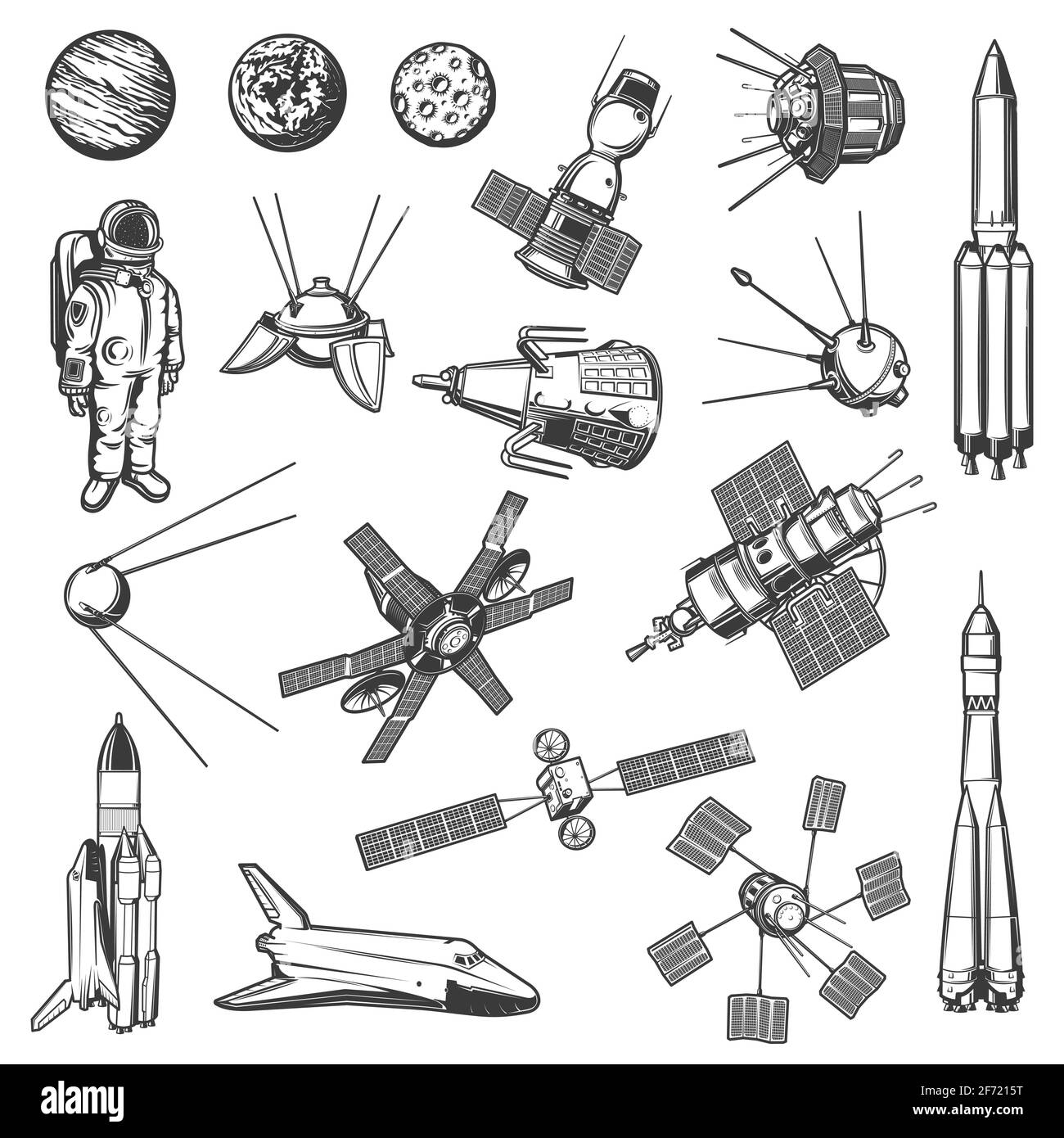 Icône satellite artificiel, vaisseau spatial et astronaute Illustration de Vecteur