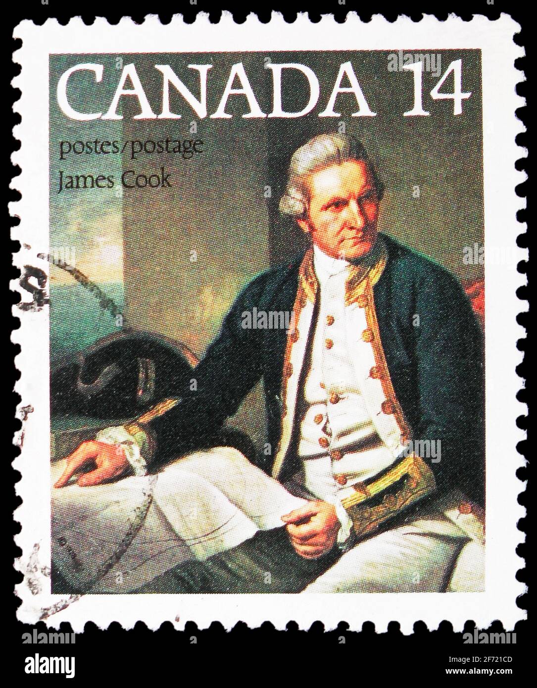 MOSCOU, RUSSIE - le 28 FÉVRIER 2021 : le timbre-poste imprimé au Canada montre le Capitaine Cook (Nathaniel Dance), Bicentenaire de la série du troisième voyage de Cook, c Banque D'Images