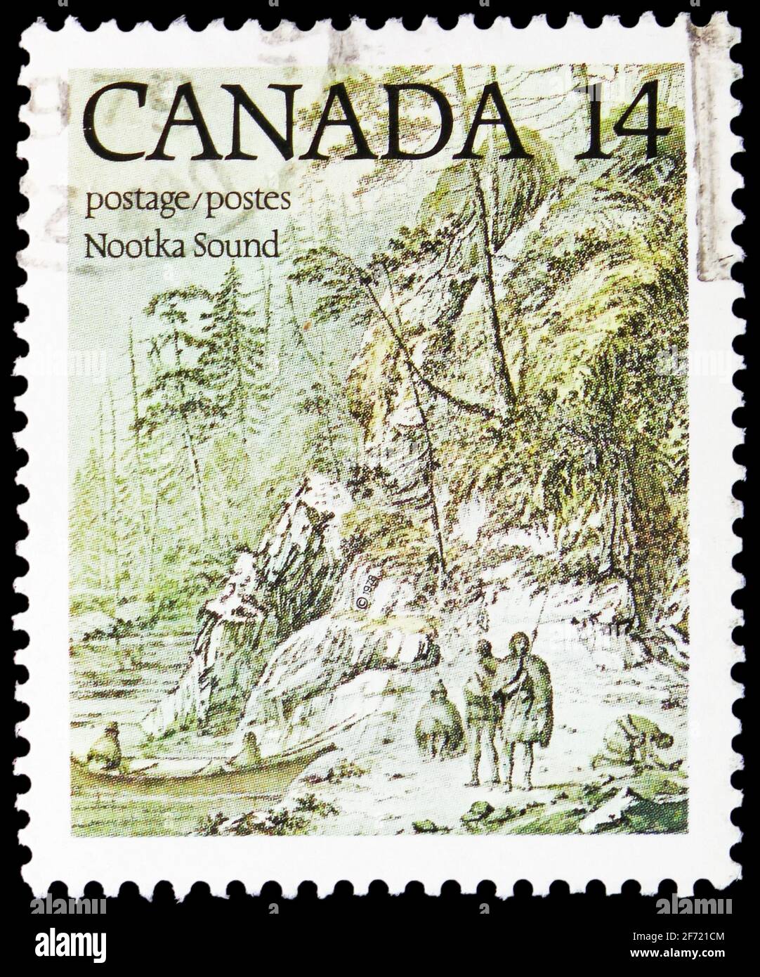 MOSCOU, RUSSIE - le 28 FÉVRIER 2021 : le timbre-poste imprimé au Canada montre Nootka Sound (J. Webber), Bicentenaire de la série du troisième voyage de Cook, vers 19 Banque D'Images
