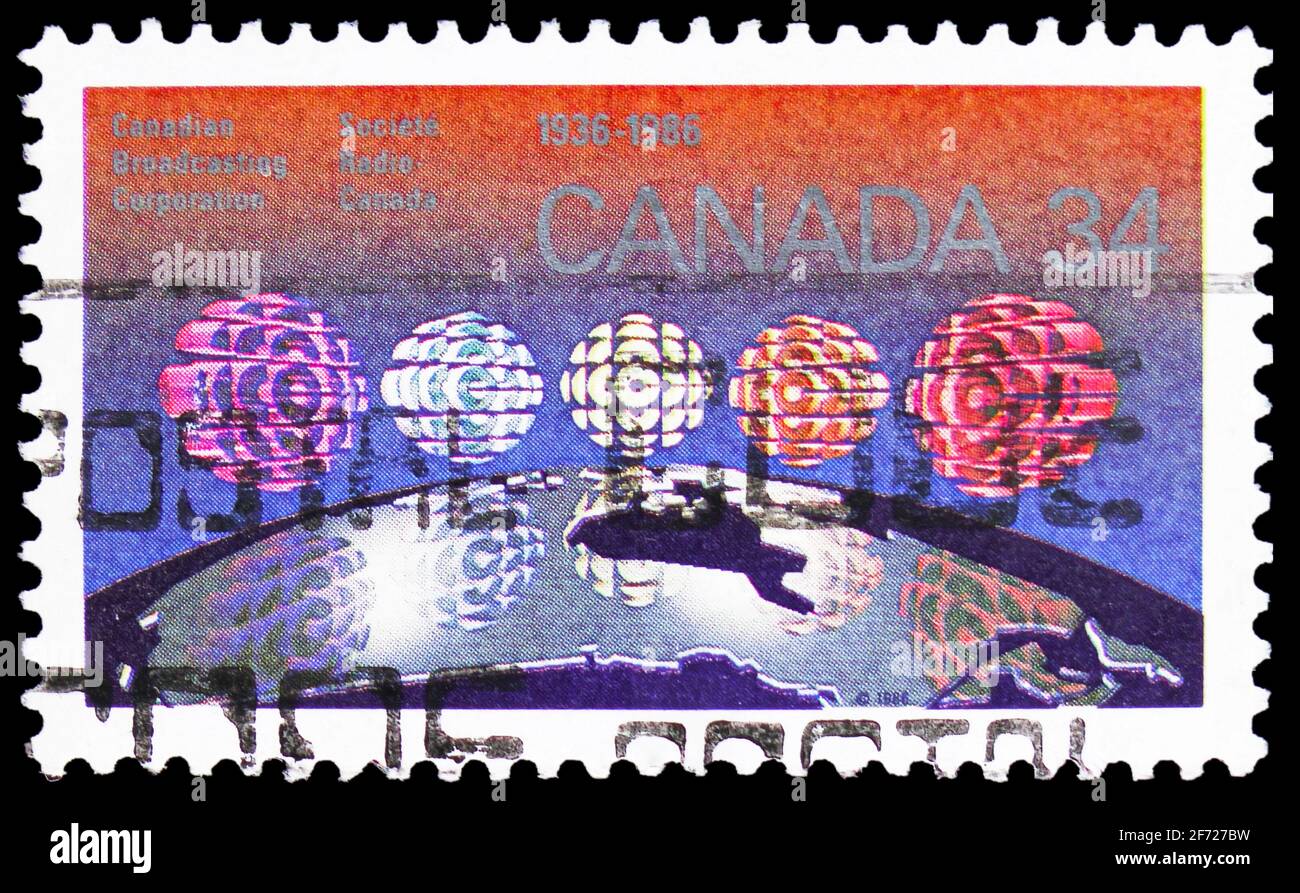 MOSCOU, RUSSIE - le 28 FÉVRIER 2021 : le timbre-poste imprimé au Canada montre la Société radio-Canada - carte et logo de la SRC, vers 1986 Banque D'Images MOSCOU, RUSSIE - le 28 FÉVRIER 2021 : le timbre-poste imprimé au Canada montre la Société radio-Canada - carte et logo de la SRC, vers 1986 Banque D'Images