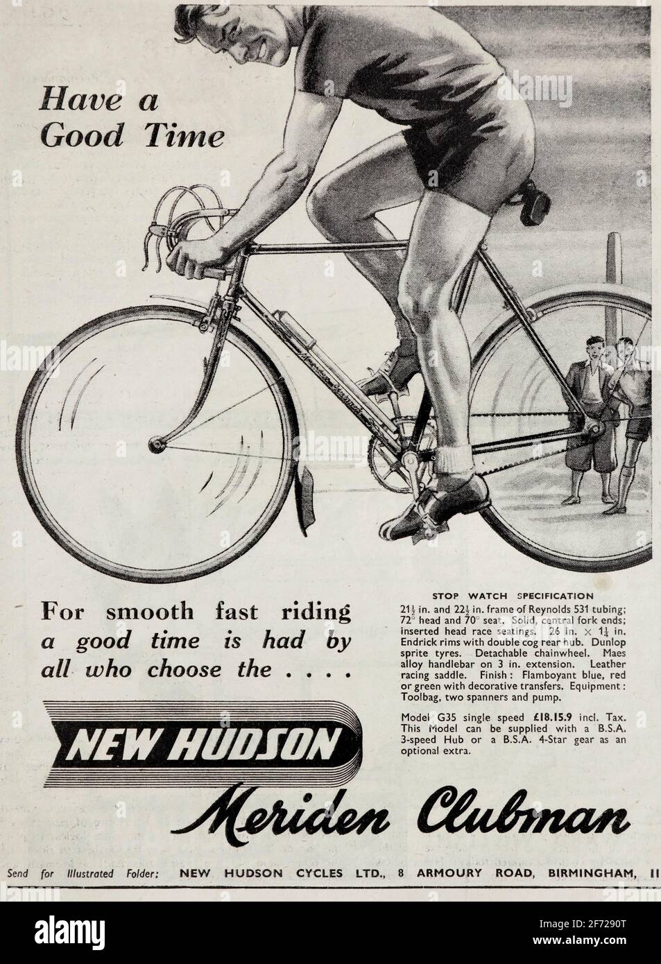 Publicité vintage 1953 pour British New Hudson Bicycles, avec leur modèle Meriden Clubman. Banque D'Images
