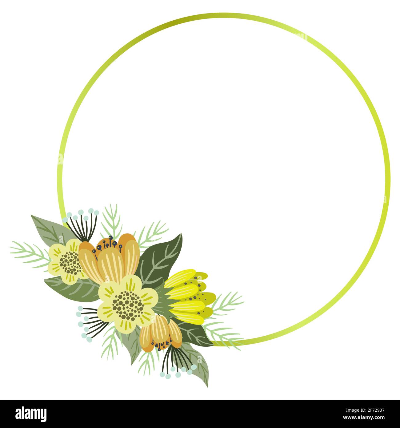 Cadre floral vectoriel, joli bouquet de fleurs dessiné à la main avec cadre en cercle doré, isolé sur blanc Illustration de Vecteur