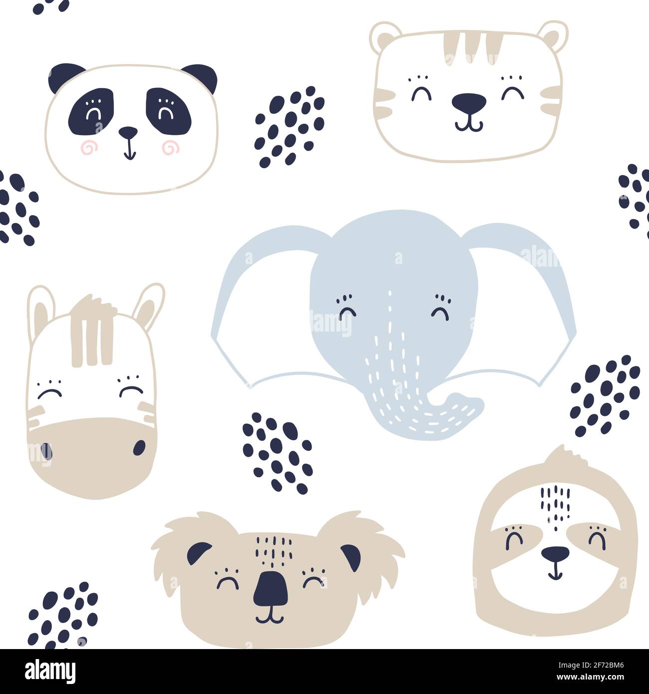 Motif Enfant Sans Couture Avec Jolis Visages Animaux Dessin Anime A La Main Bebe Imprime Avec Panda Zebra Tigre Elephant Koala Sloth Image Vectorielle Stock Alamy