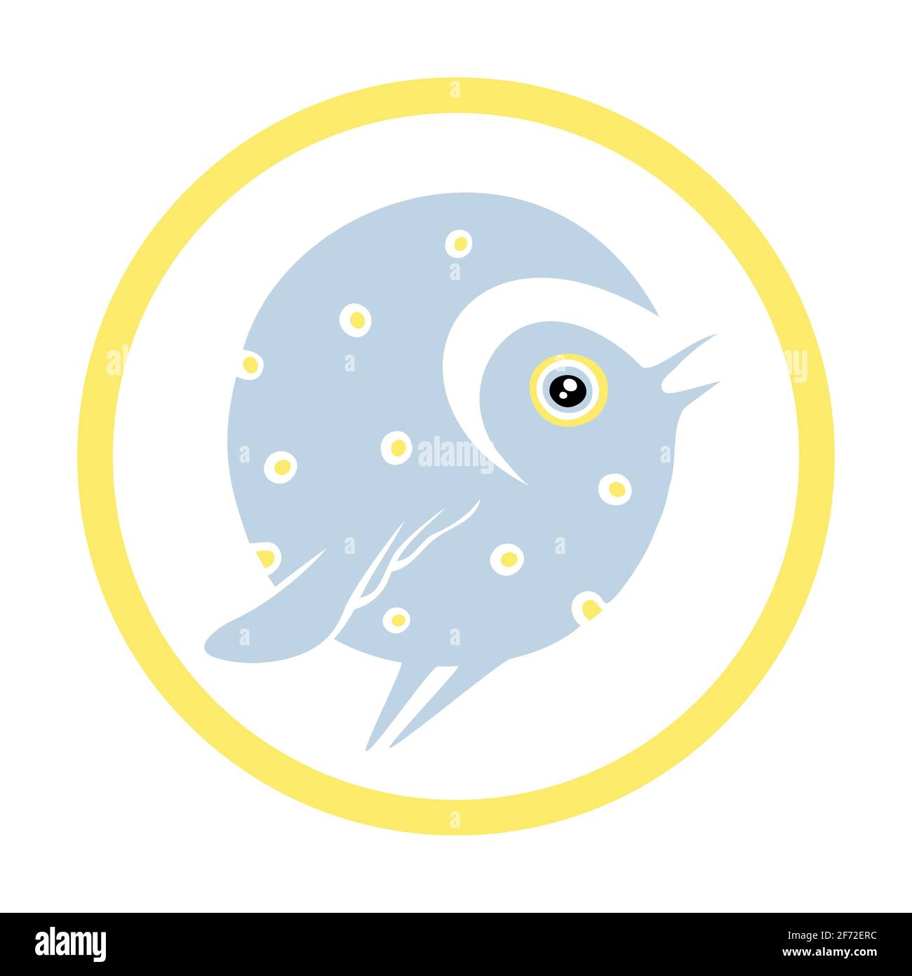 Oiseau à pois bleus dans un cercle jaune isolé sur blanc Illustration de Vecteur