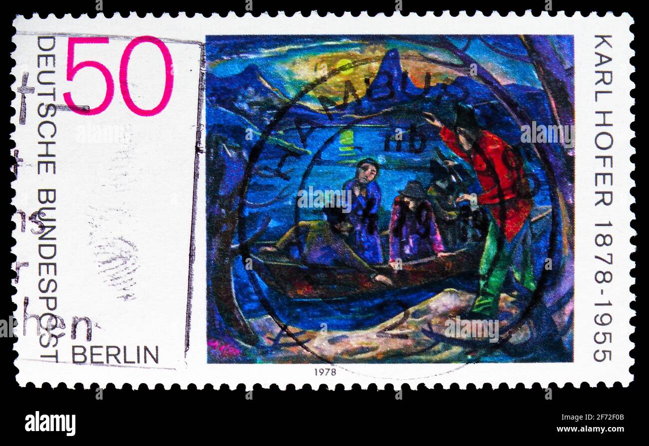 MOSCOU, RUSSIE - 22 DÉCEMBRE 2020 : timbre-poste imprimé en Allemagne, Berlin, montre le bateau de Karl Hofer (peintre impressionniste), série, vers 197 Banque D'Images