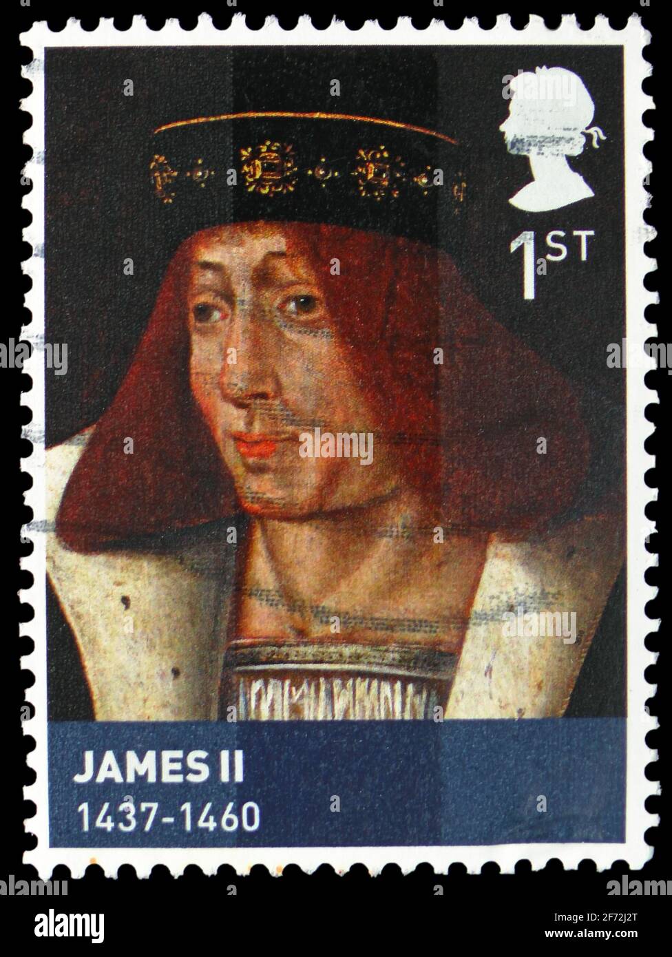 MOSCOU, RUSSIE - 22 DÉCEMBRE 2020: Timbre-poste imprimé au Royaume-Uni montre le roi James II d'Écosse (1437-60), série Age of the Stuarts, c Banque D'Images
