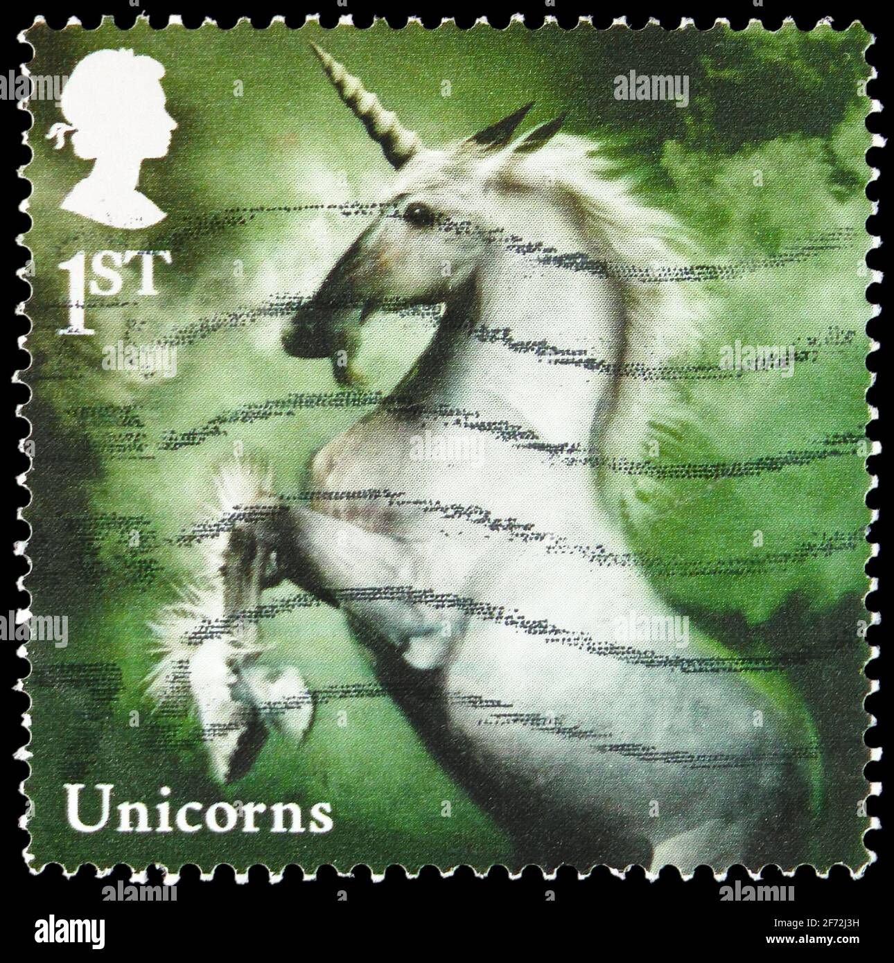 MOSCOU, RUSSIE - 22 DÉCEMBRE 2020: Timbre-poste imprimé au Royaume-Uni montre des licornes, série mythologique, vers 2009 Banque D'Images