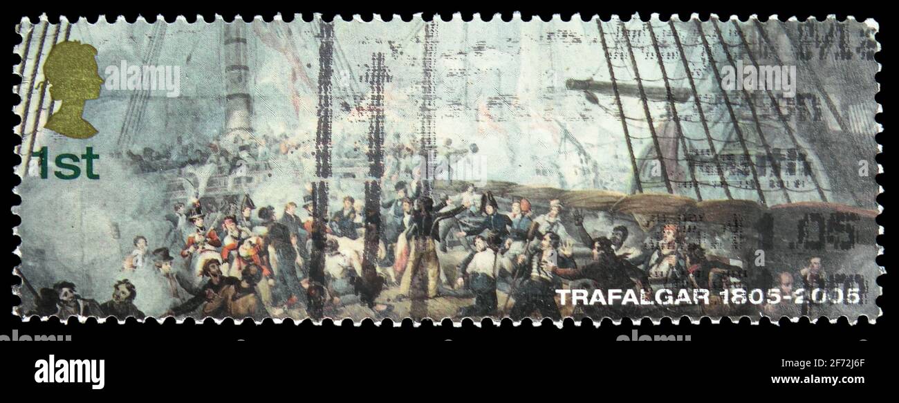 MOSCOU, RUSSIE - 22 DÉCEMBRE 2020: Timbre-poste imprimé au Royaume-Uni montre la bataille de Trafalgar, série du Bicentenary, vers 2005 Banque D'Images