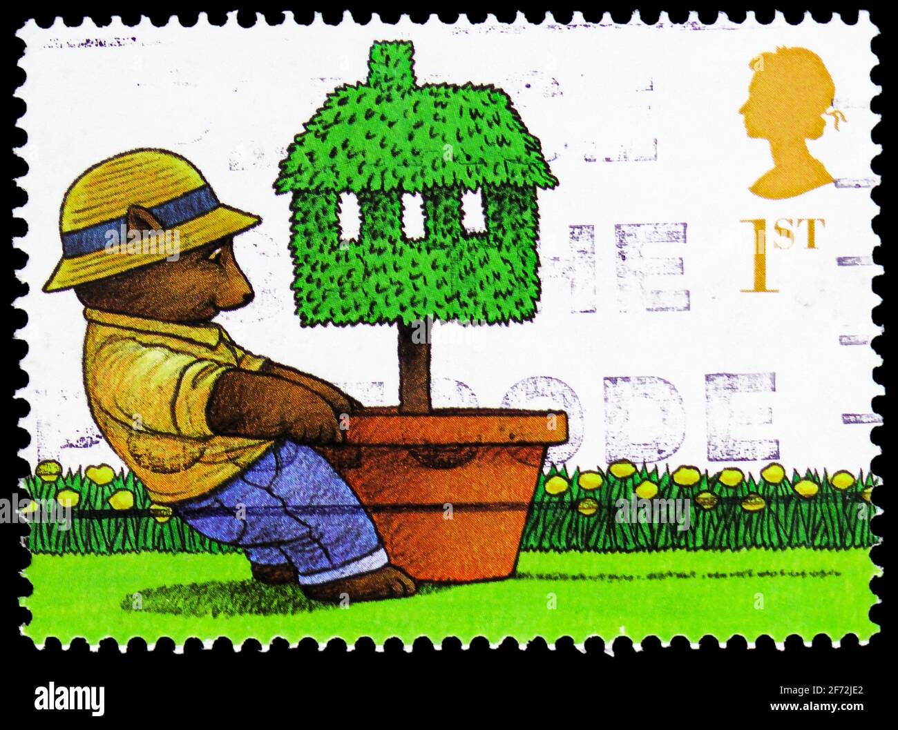 MOSCOU, RUSSIE - 22 DÉCEMBRE 2020: Timbre-poste imprimé au Royaume-Uni montre l'arbre généalogique de l'ours tirant en pot (Moving Home), timbres de voeux 200 Banque D'Images