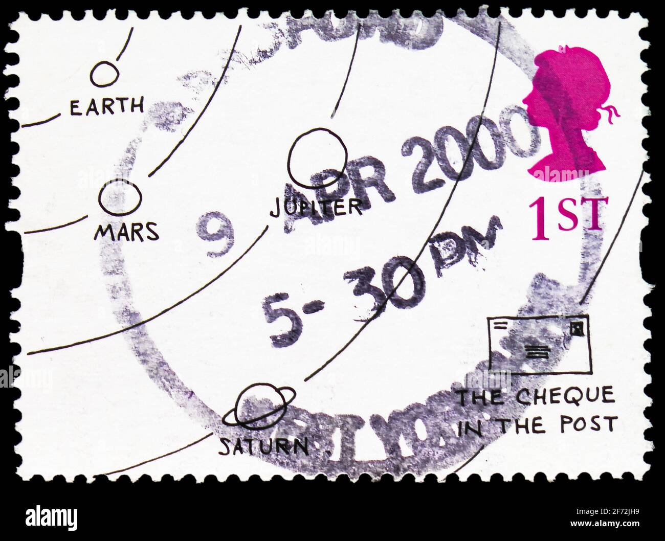 MOSCOU, RUSSIE - 22 DÉCEMBRE 2020: Timbre-poste imprimé au Royaume-Uni montre "LE CHECK IN THE POST" (Jack Ziegler), timbres de voeux 1996 - voiture Banque D'Images