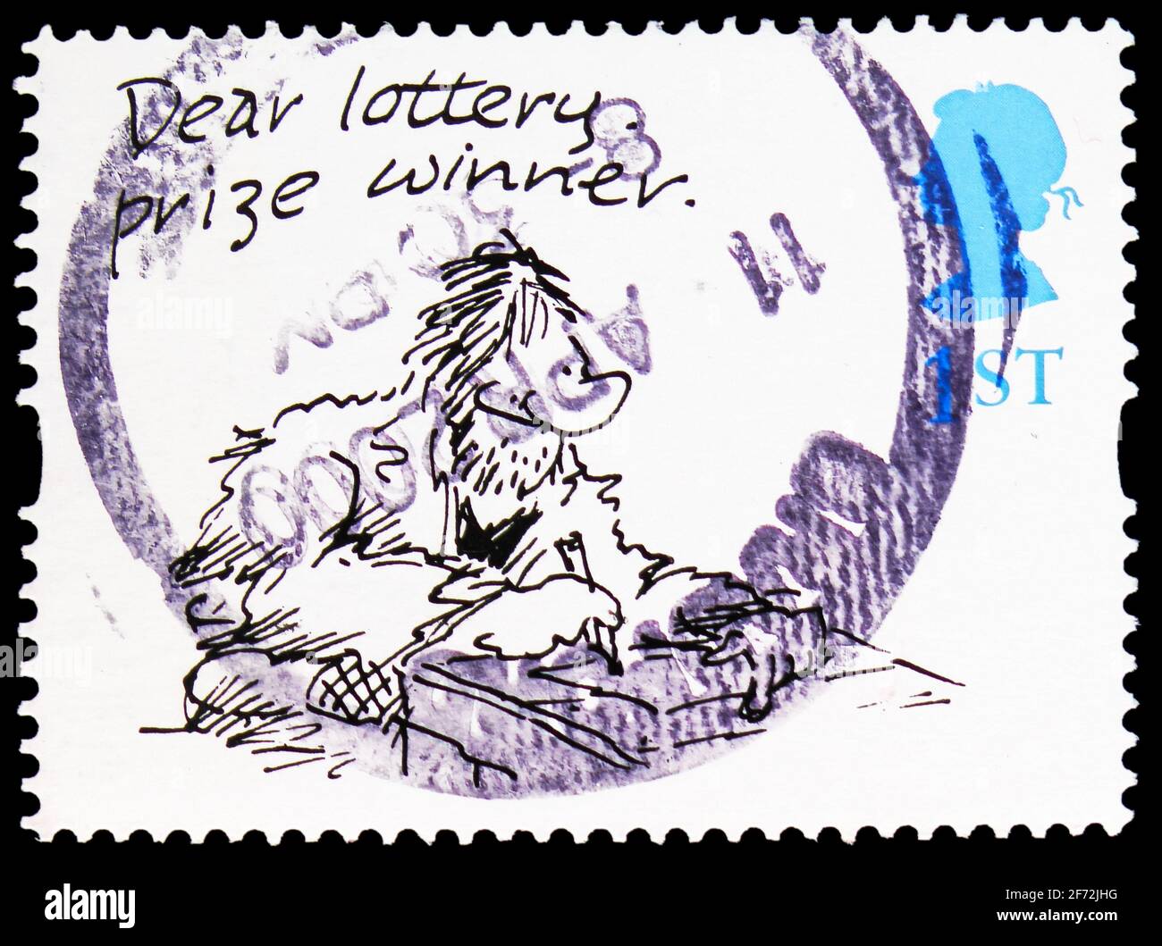 MOSCOU, RUSSIE - 22 DÉCEMBRE 2020 : le timbre-poste imprimé au Royaume-Uni montre le « gagnant du prix de loterie de la main » (Larry), Greetings Timbres 1996 - Cartoon Banque D'Images