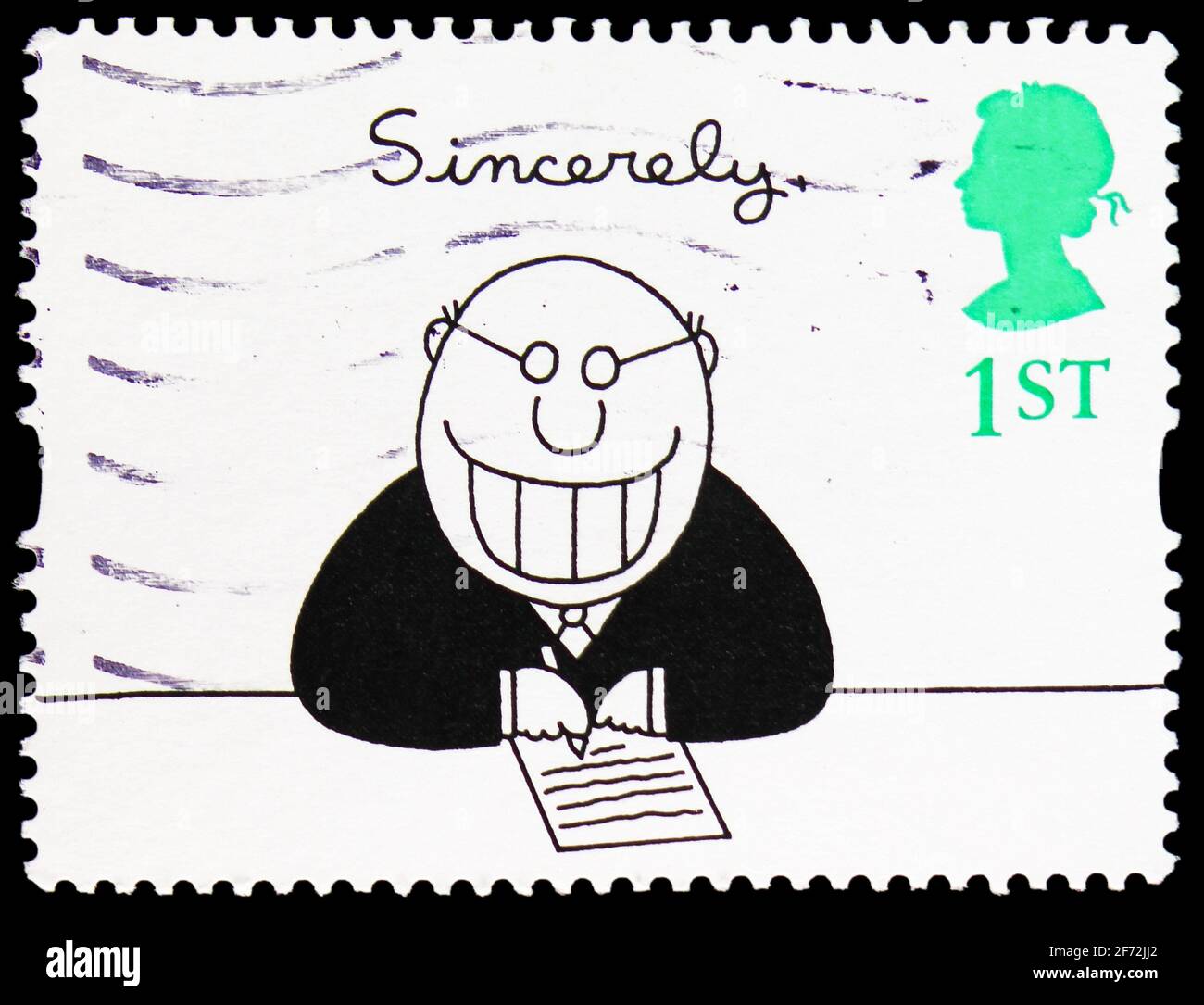 MOSCOU, RUSSIE - 22 DÉCEMBRE 2020: Timbre-poste imprimé au Royaume-Uni montre 'Sincerely' (Charles Barsotti), Greetings Timbres 1996 - Cartoons ser Banque D'Images