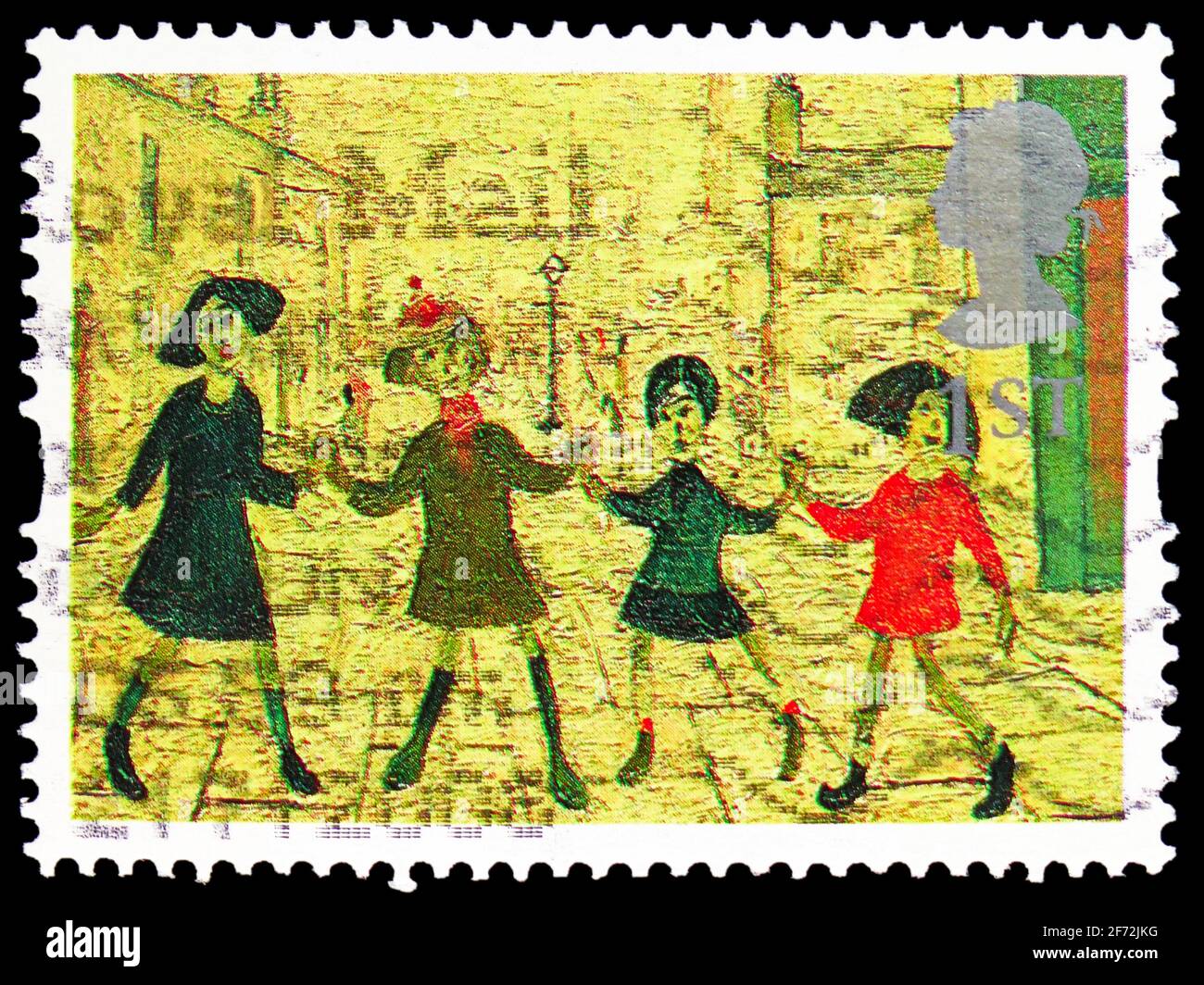 MOSCOU, RUSSIE - le 22 DÉCEMBRE 2020 : le timbre-poste imprimé au Royaume-Uni montre 'Children Playing' (L. S. Lowry), timbres de voeux 1995 - série d'art, Banque D'Images