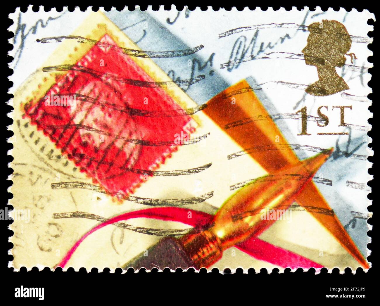 MOSCOU, RUSSIE - 22 DÉCEMBRE 2020: Timbre-poste imprimé au Royaume-Uni montre 1854 1D. Tampon rouge et stylo, timbres de voeux 1992 - série souvenirs, Banque D'Images