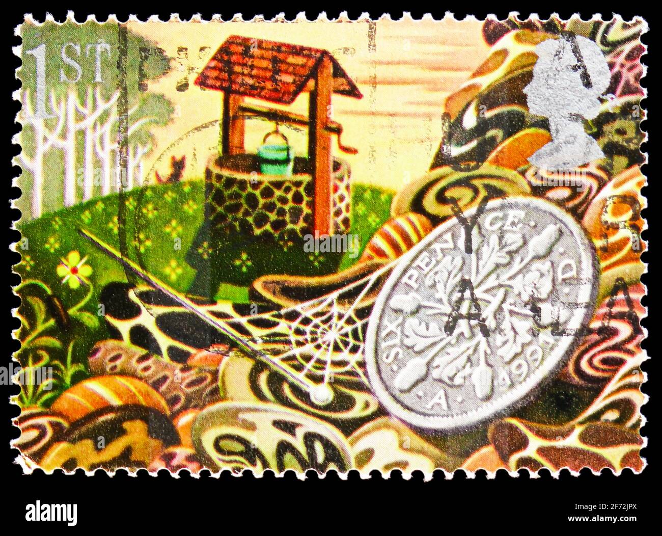 MOSCOU, RUSSIE - 22 DÉCEMBRE 2020: Timbre-poste imprimé au Royaume-Uni spectacles souhaitant bien et Sixpence, timbres de voeux 1991 - symboles de chance s. Banque D'Images