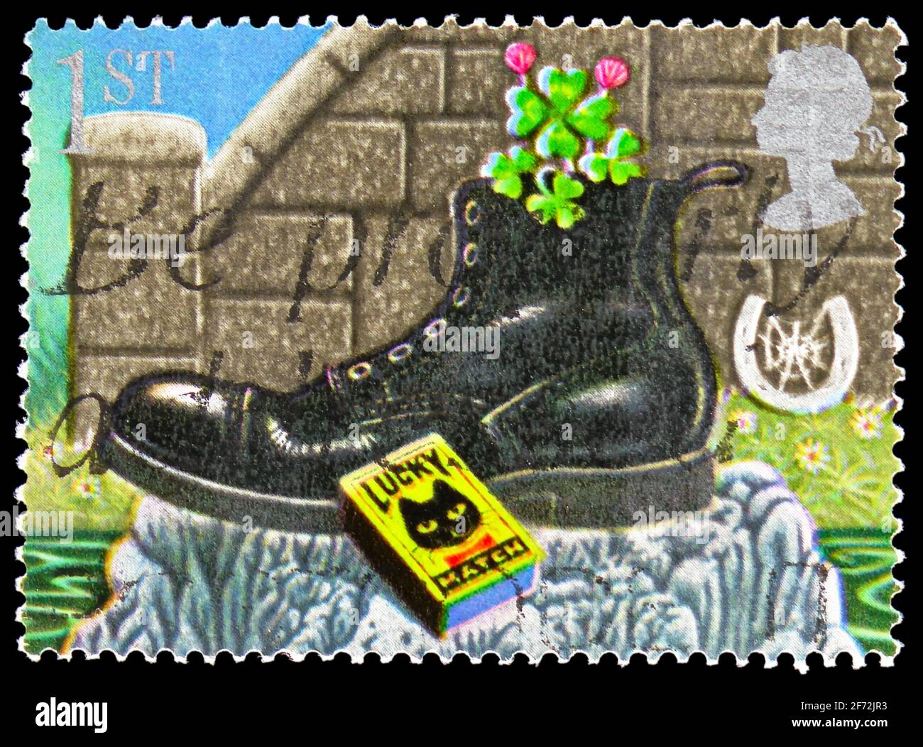 MOSCOU, RUSSIE - 22 DÉCEMBRE 2020: Timbre-poste imprimé au Royaume-Uni montre un trèfle à quatre feuilles dans la boîte de Boot and Match, timbres de voeux 1991 - Symb Banque D'Images