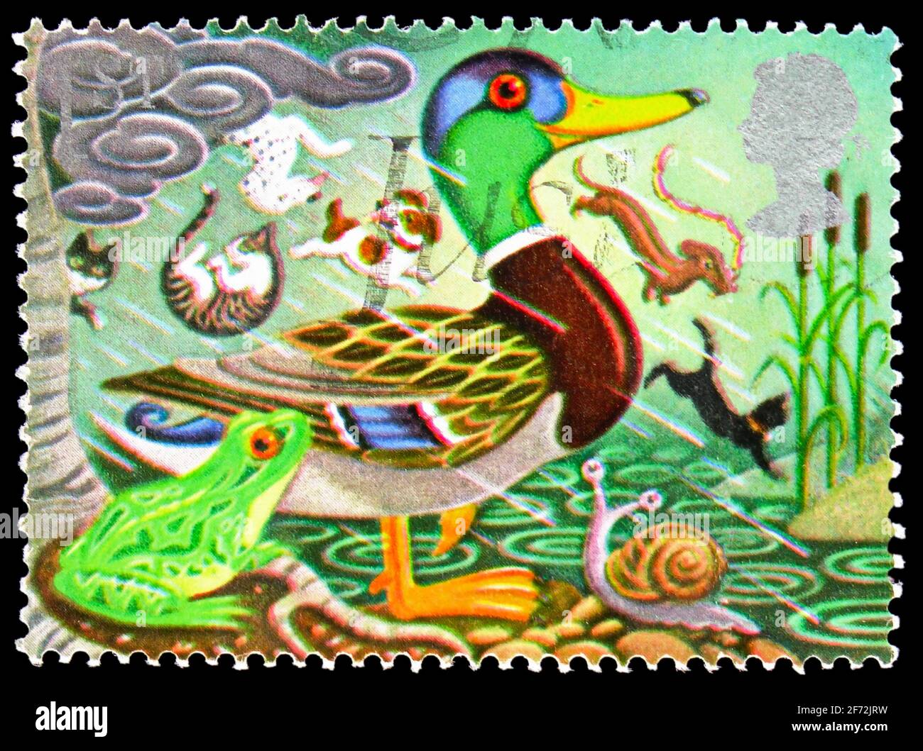 MOSCOU, RUSSIE - 22 DÉCEMBRE 2020: Timbre-poste imprimé au Royaume-Uni montre Mallard et grenouille, timbres de voeux 1991 - série symboles de chance, cir Banque D'Images