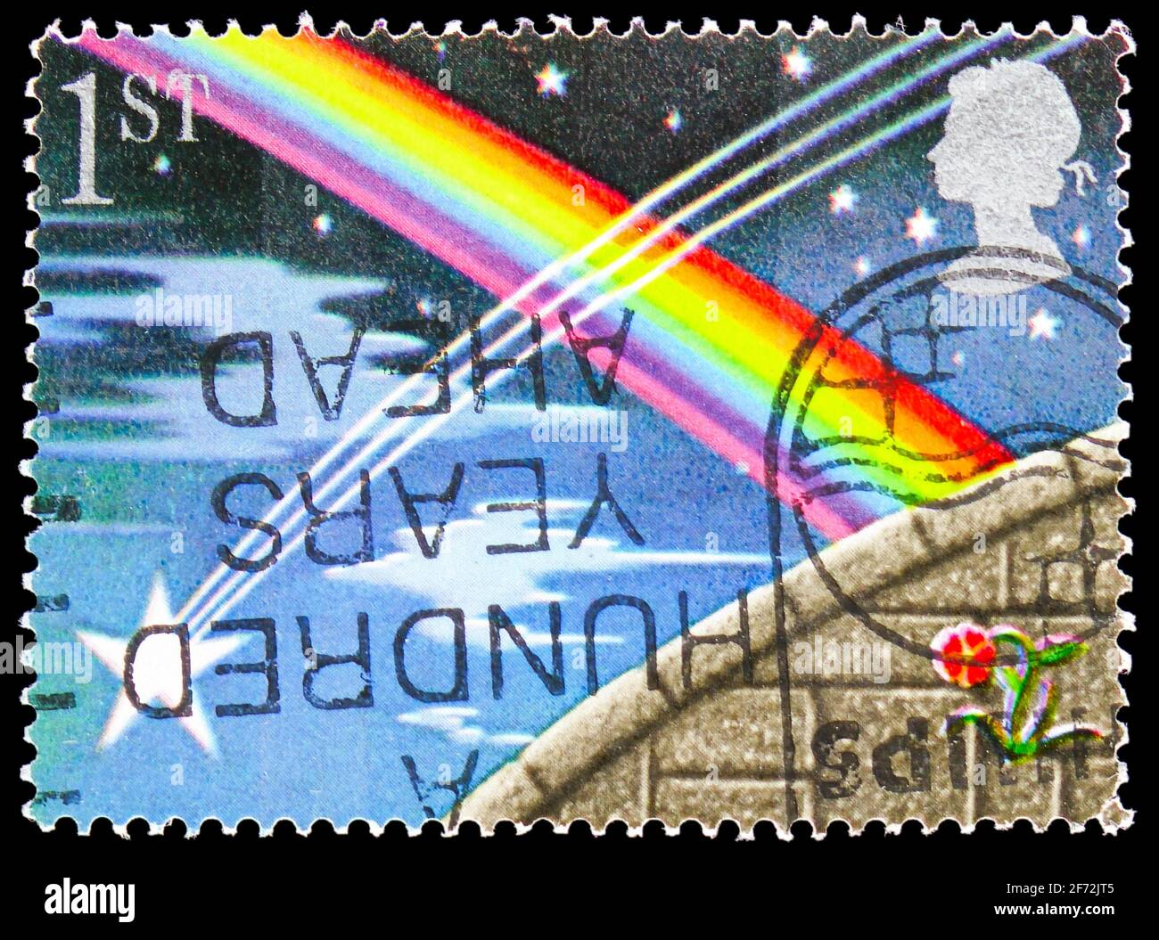 MOSCOU, RUSSIE - 22 DÉCEMBRE 2020: Timbre-poste imprimé au Royaume-Uni montre le tournage de Star et Rainbow, cartes de voeux 1991 - symboles de chance s. Banque D'Images